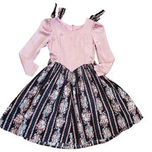Vintage 80s Girls Size‎  10 Pink Black Satin Longsleeve Floral Midi Dress Flaw